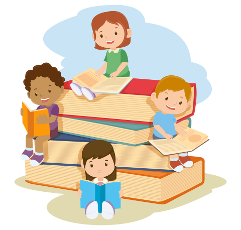 Illustration of children reading books sitting on a stack of larger books