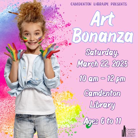 Young girl standing with her hands up and showing the viewer the paint on them with streaks of paint on her face in front of a paint splashed background announcing CCLD's art bonanza