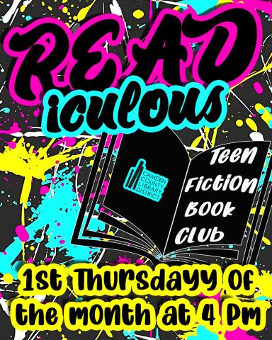 Paint splattered background that reads READiculous Teen Fiction book club with an open book