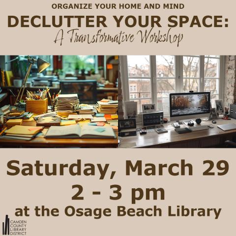 A messy desk and a clean to demonstrate how you can declutter your space at our upcoming workshop