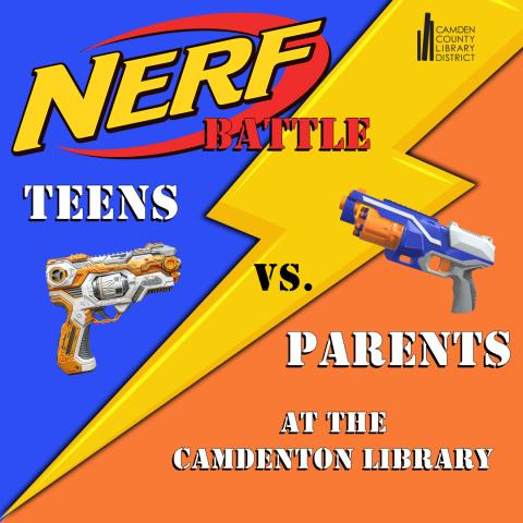 Teens vs Parents NERF Battle on a blue and orange background with a lightning bolt diagonally down the center with a blue, white, and orange NERF gun on the right and orange, white, and gray NERF gun on the left. 