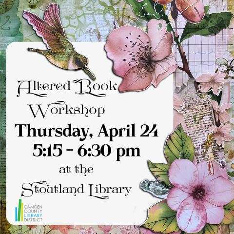 Altered book page with a cut out of a hummingbird and flowers.