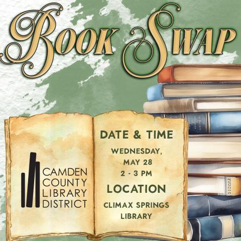 A stack of books, with one open that displays time and date for the Climax Springs Book Swap, on a green watercolor background.