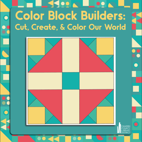 Color Block Builders: Cut, Create, and Color Our World Colorful Quilt Block with blues, greens, yellows, and reds.