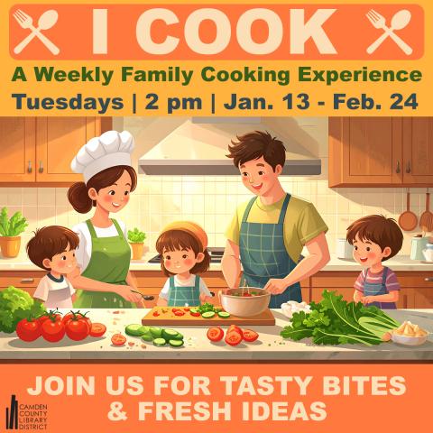 Cartoon image of a young family cooking together in the kitchen with fresh vegetables.