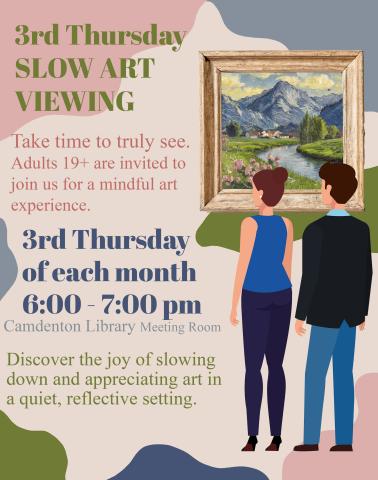 Image of two people looking at a painting of mountains and a small town along a river with a springtime feel.