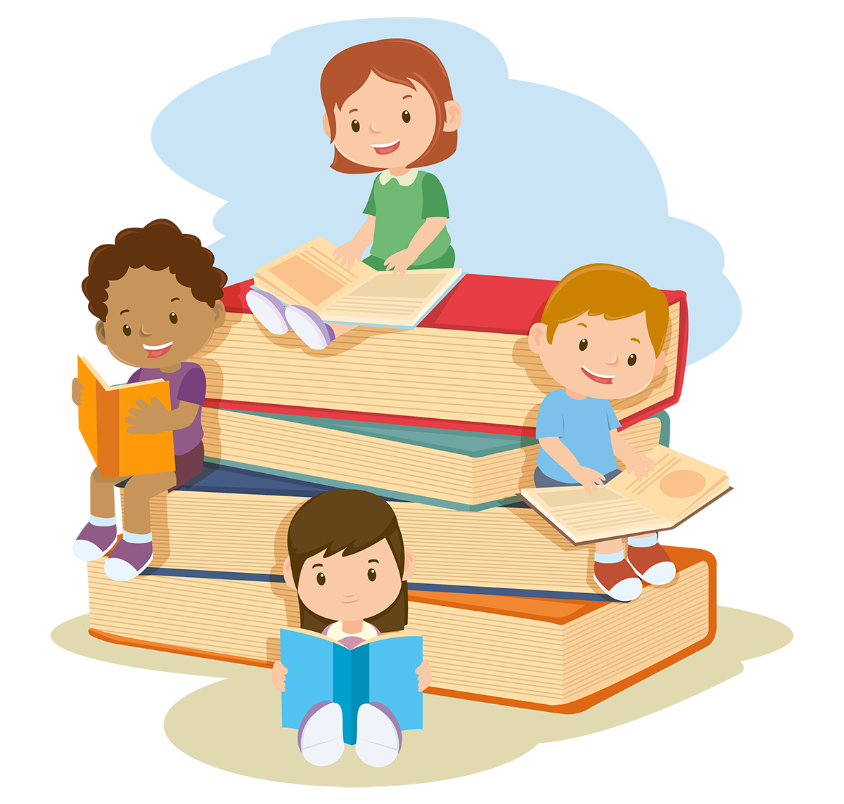 Illustration of children reading books sitting on a stack of larger books