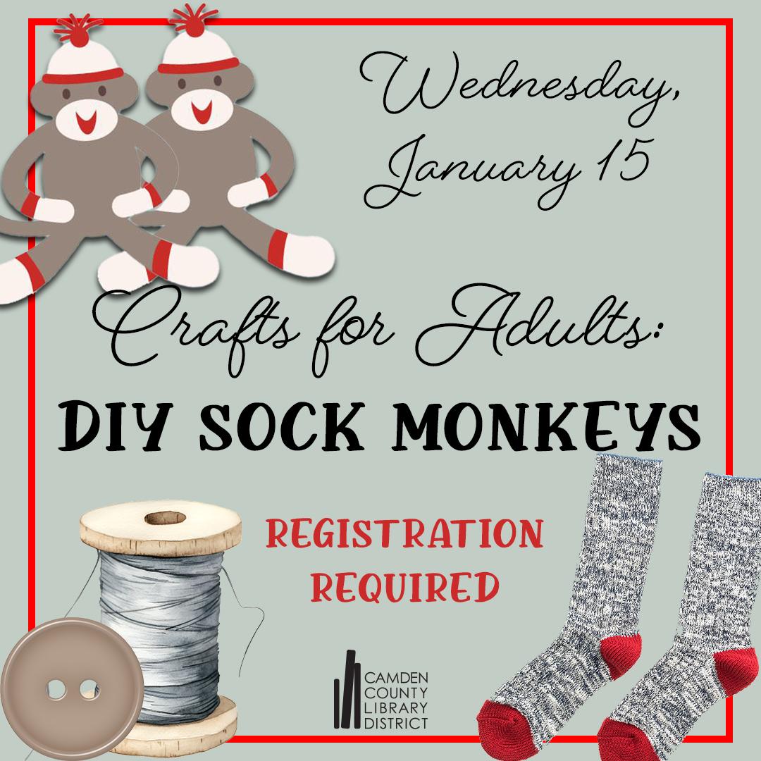 Illustrated sock monkeys with a button and a spool of thread and a pair of socks