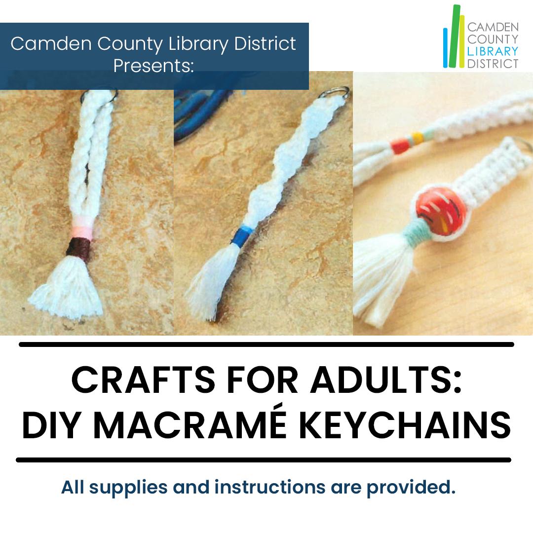 Three different styles of macrame keychains that attendees can make.